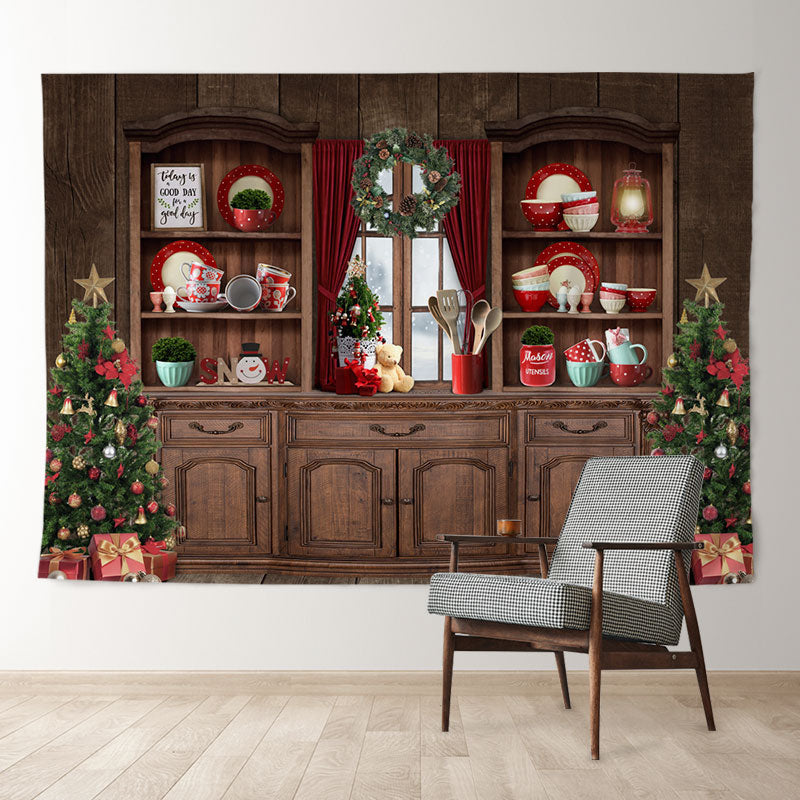 Aperturee - Wood Carbinet Tree Family Deco Christmas Backdrop