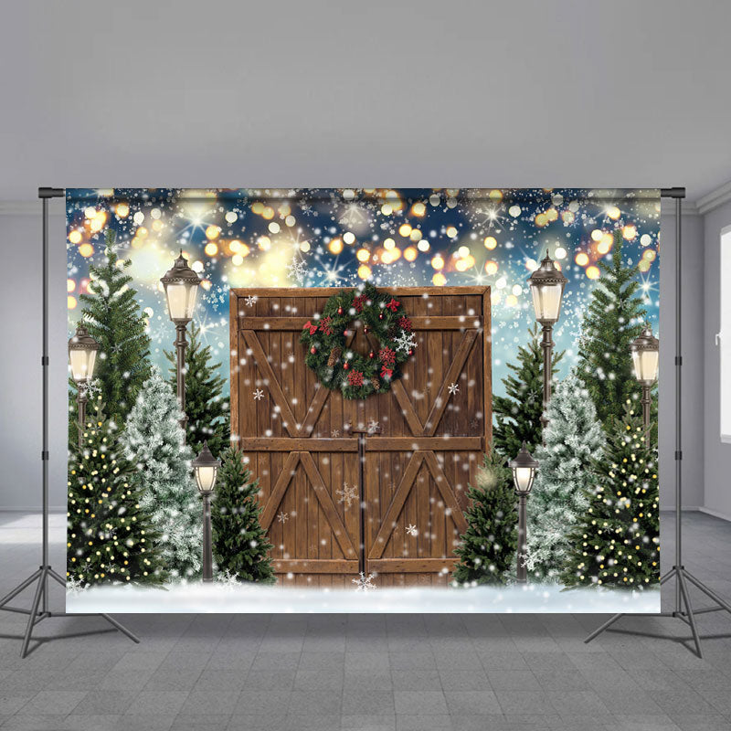 Aperturee - Wood Door Pine Tree Snowy Lights Xmas Backdrop