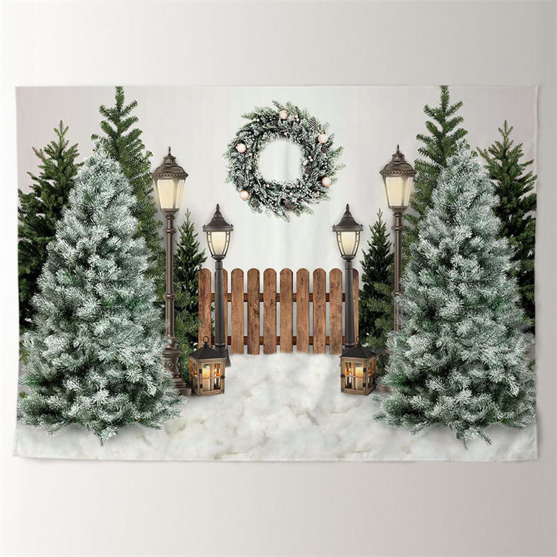 Aperturee - Wood Fence Snowy Tree Wreath Light Winter Backdrop