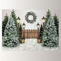 Aperturee - Wood Fence Snowy Tree Wreath Light Winter Backdrop