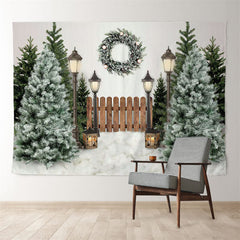 Aperturee - Wood Fence Snowy Tree Wreath Light Winter Backdrop