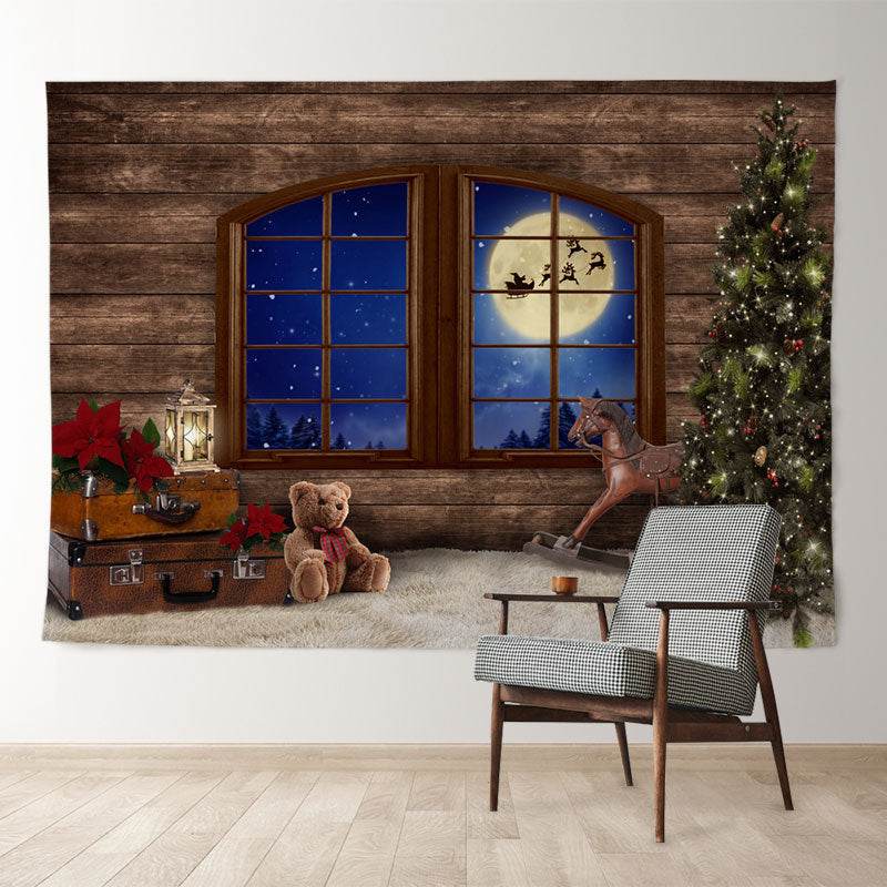 Aperturee - Wood Horse Bear Sled Moon Night Christmas Backdrop
