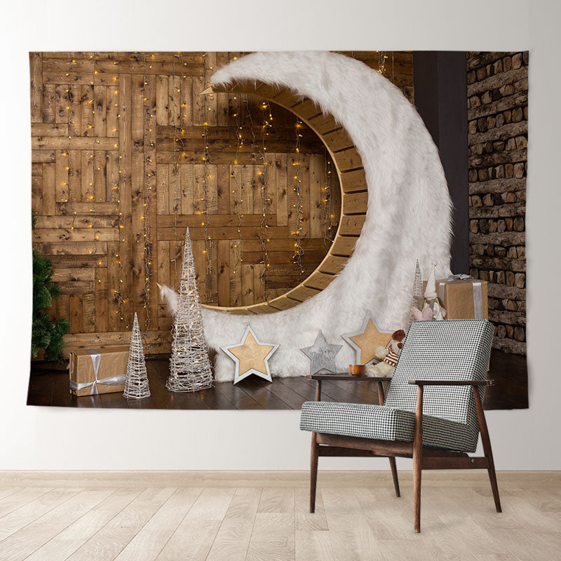 Aperturee - Wood Wall Feather Moon Star House Winter Backdrop