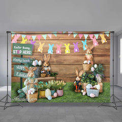 Aperturee - Wooden Backyard Easter Bunny Stop Here Backdrop