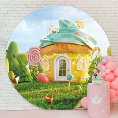 Aperturee - Yellow Sweet Cake House Round Birthday Backdrop