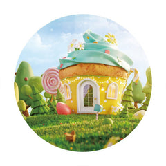 Aperturee - Yellow Sweet Cake House Round Birthday Backdrop