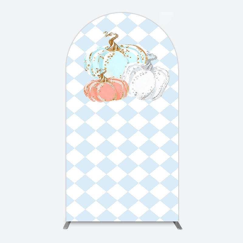 Aperturee - Aperturee Blue White Rhombus Pumpkins Birthday Arch Backdrop