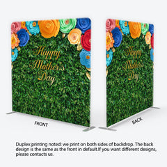 Aperturee Green Foliage Happy Mother's Day Square Double-Sided Backdrop, with Colorful Paper Flowers and Golden Leaves