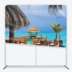 Aperturee Tropical Overwater Restaurant Square Double-Sided Backdrop, featuring Turquoise Ocean and Thatched Roof Hut Decor