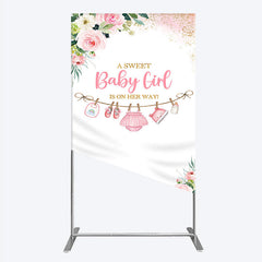 Aperturee Pink Floral Baby Girl Is On Her Way Rectangle Arch Backdrop, Sweet Clothesline Design for Shower Party