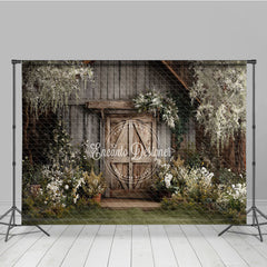 Aperturee Rustic Wooden Barn Door Photography Backdrop with Lush Greenery and White Flowers, Enchanting Garden Scene