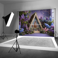Aperturee Purple and Blue Floral A-Frame House Photography Backdrop, Twinkling Lights Easter Eggs Decor for Studio