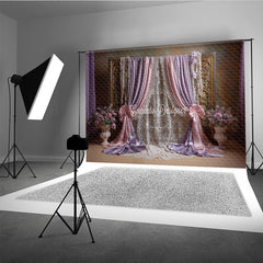 Aperturee Elegant Pink and Lavender Draped Curtains Photography Backdrop, Golden Frame, Lace and Floral Decor for Portraits