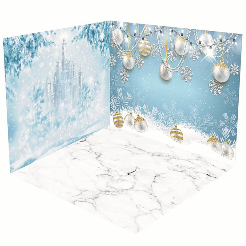 Aperturee - Aperturee Blue White Snowflake Marble Floor Room Set Backdrop