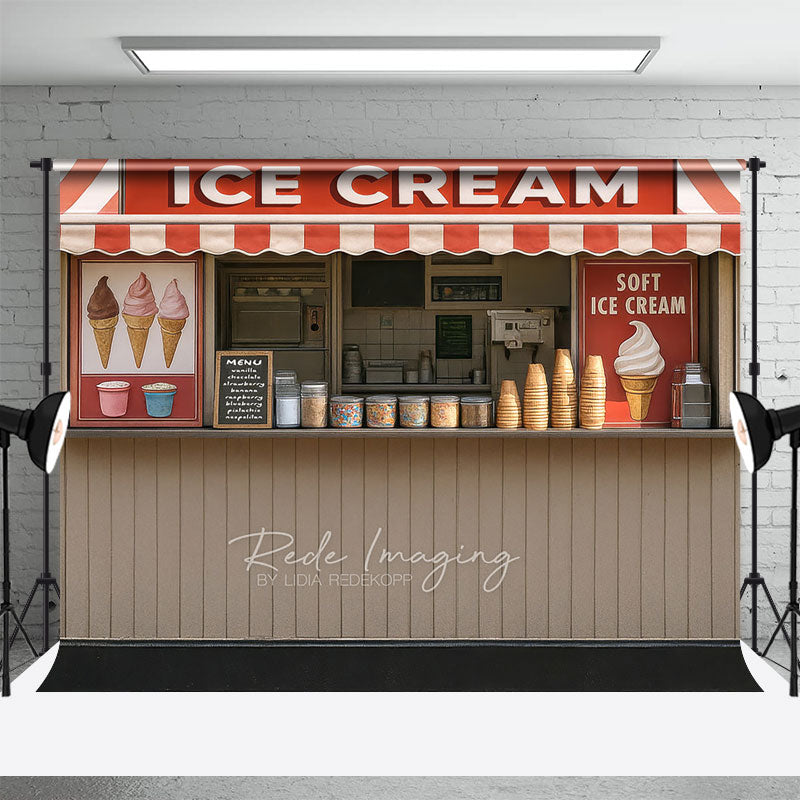 Aperturee - Aperturee Summer Red Beige Ice Cream Shop Photography Backdrop
