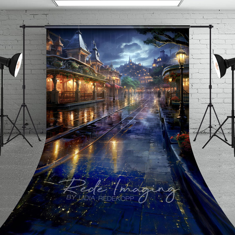 Aperturee - Aperturee Rainy Night Magical Kingdom Street Sweep Backdrop