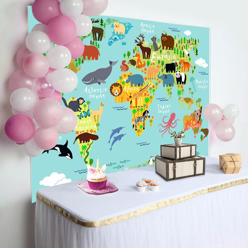 Aperturee - Safari Wild Animals World Map Baby Shower Backdrop