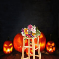 Aperturee - Black Wall Pumpkin Lantern Wooden Floor Backdrop