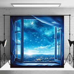 Aperturee - Blue Night Starry Quiet Town Window Backdrop
