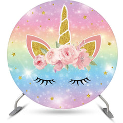 Aperturee - Rainbow Unicorn Pink Floral Round Birthday Backdrop