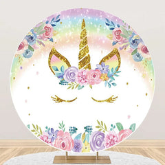 Aperturee - Round White Rainbow Floral Unicorn Birthday Backdrop