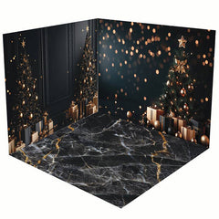 Aperturee - Aperturee Black Marble Floor Bokeh Christmas Room Set Backdrop