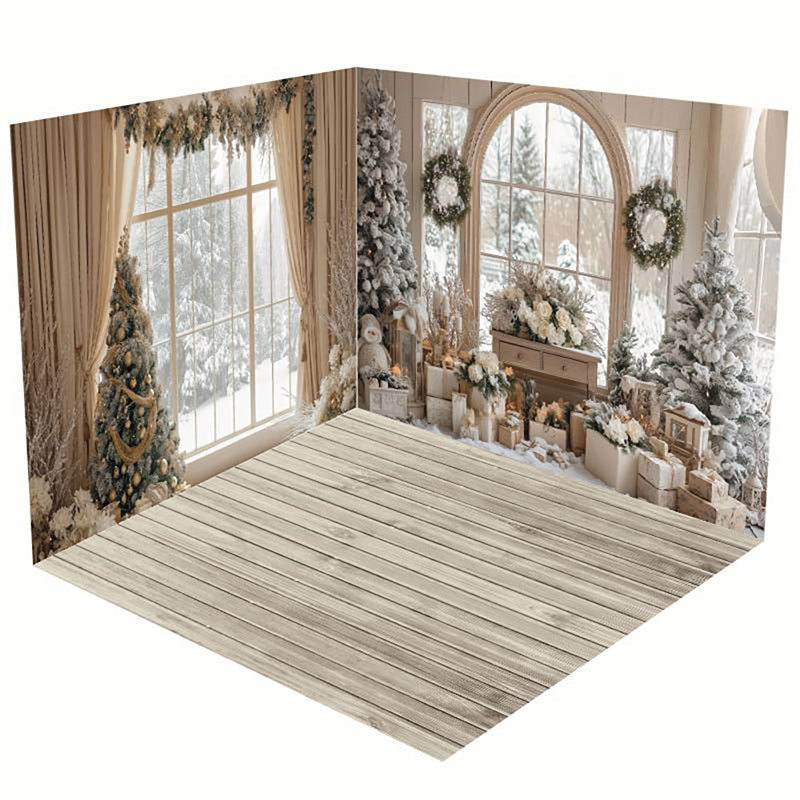 Aperturee - Aperturee Beige Room Window Snowy Christmas Room Set Backdrop