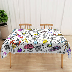 Aperturee Colorful Cartoon Science Tablecloth with Chemistry and Physics Doodles, for Kids School or Lab Party