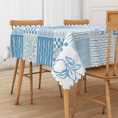 Aperturee Coastal Summer Tablecloth with Blue Conch Shells and Fruit, for Beach House Kitchen and Dining Decor