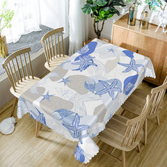 Aperturee Coastal Beach Tablecloth with Blue and White Starfish and Seashells, for Nautical Themed Party Decor