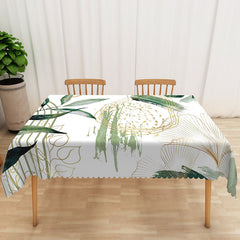Aperturee Modern Green Leaf Tablecloth on White, for Minimalist Botanical and Scandinavian Style Kitchen Decor