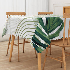 Aperturee Modern Green Leaf Tablecloth on White, for Minimalist Botanical and Scandinavian Style Kitchen Decor