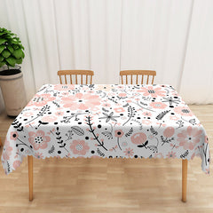 Aperturee Sweet Pink Spring Tablecloth with Fresh Floral Drawings, for Girls Birthday, Baby Shower, or Garden Party
