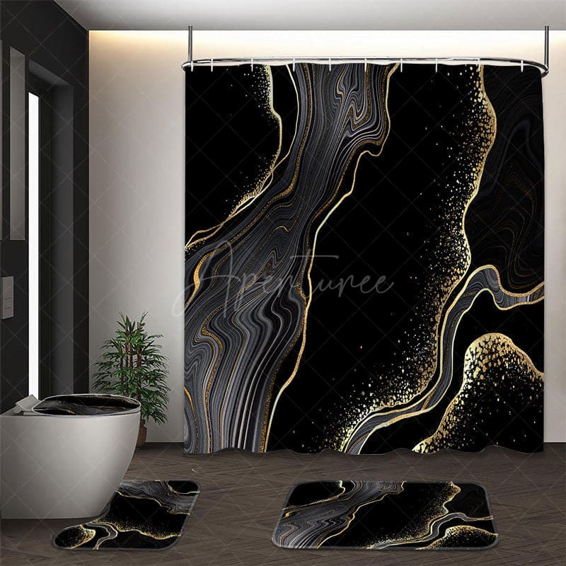 Aperturee - (7 Day Delivery) Aperturee Black Gold Marbled Shower Curtain Kit