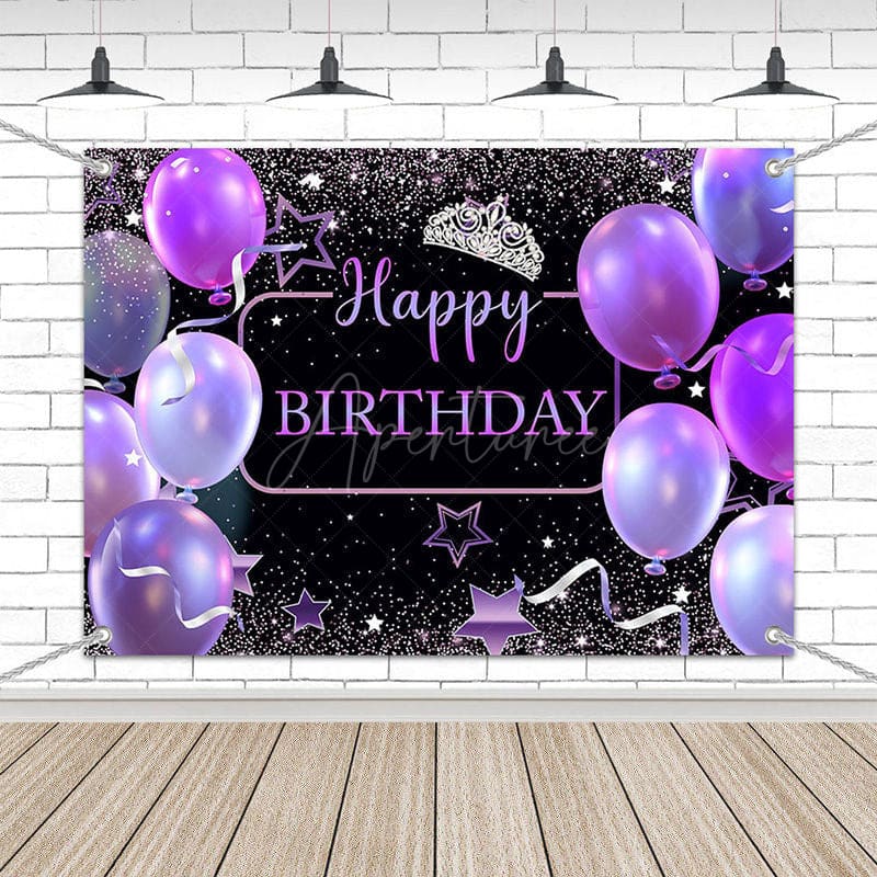 Aperturee - (7 Day Delivery) Aperturee Black Purple Balloons Crown Birthday Backdrop