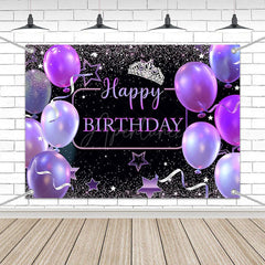 Aperturee - (7 Day Delivery) Aperturee Black Purple Balloons Crown Birthday Backdrop