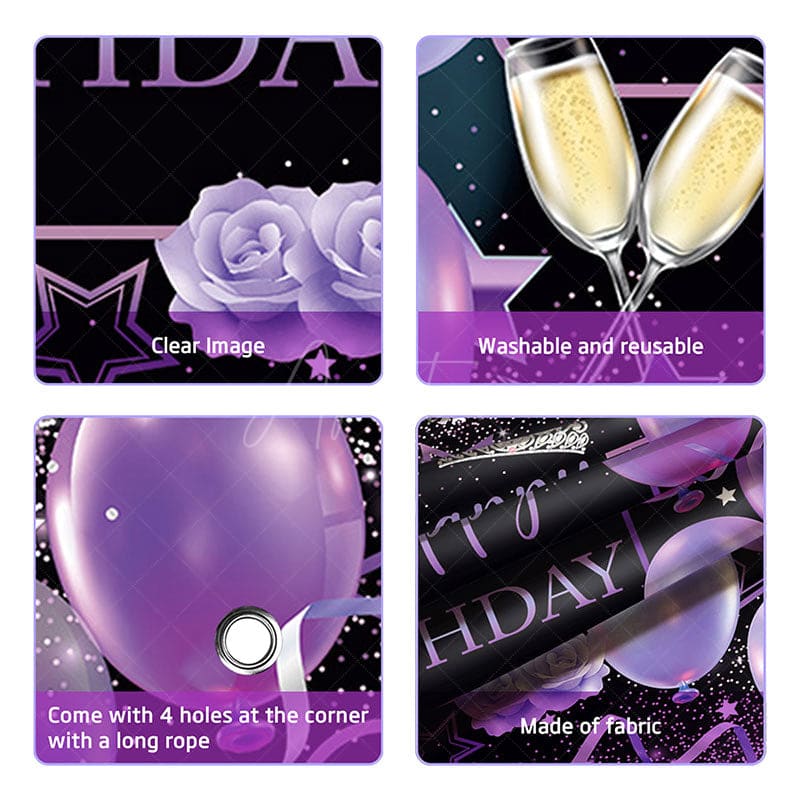 Aperturee - (7 Day Delivery) Aperturee Black Purple Balloons Happy Birthday Backdrop