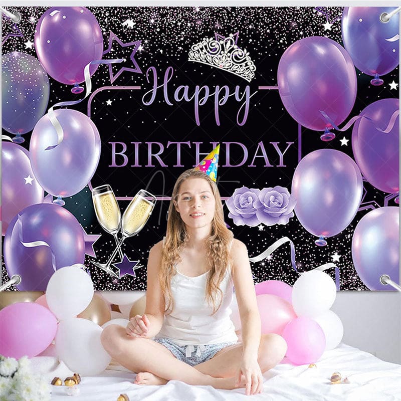 Aperturee - (7 Day Delivery) Aperturee Black Purple Balloons Happy Birthday Backdrop