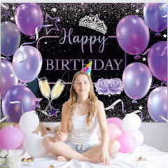 Aperturee - (7 Day Delivery) Aperturee Black Purple Balloons Happy Birthday Backdrop