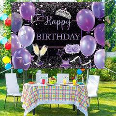 Aperturee - (7 Day Delivery) Aperturee Black Purple Balloons Happy Birthday Backdrop