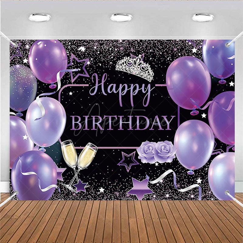 Aperturee - (7 Day Delivery) Aperturee Black Purple Balloons Happy Birthday Backdrop