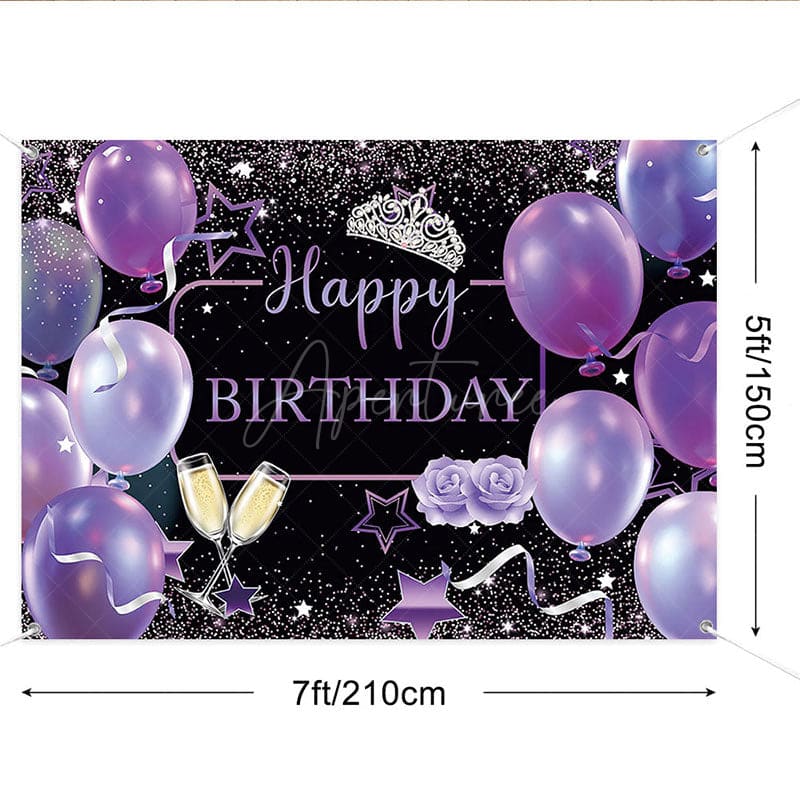 Aperturee - (7 Day Delivery) Aperturee Black Purple Balloons Happy Birthday Backdrop