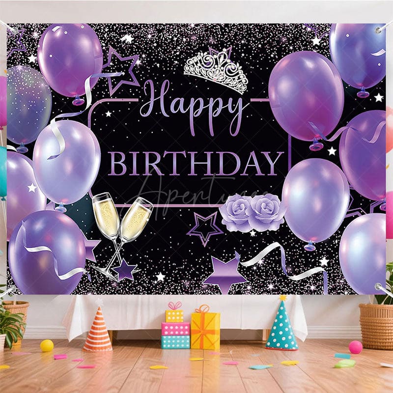 Aperturee - (7 Day Delivery) Aperturee Black Purple Balloons Happy Birthday Backdrop