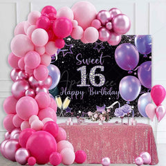 Aperturee - (7 Day Delivery) Aperturee Black Purple Balloons Sweet 16 Birthday Backdrop