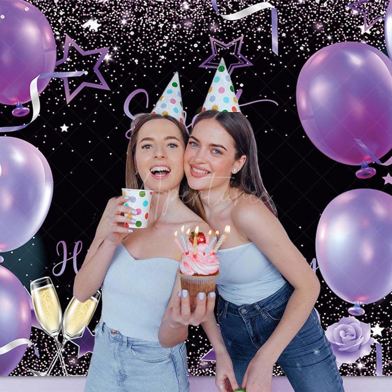 Aperturee - (7 Day Delivery) Aperturee Black Purple Balloons Sweet 16 Birthday Backdrop