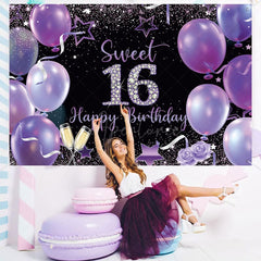 Aperturee - (7 Day Delivery) Aperturee Black Purple Balloons Sweet 16 Birthday Backdrop