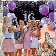 Aperturee - (7 Day Delivery) Aperturee Black Purple Balloons Sweet 16 Birthday Backdrop