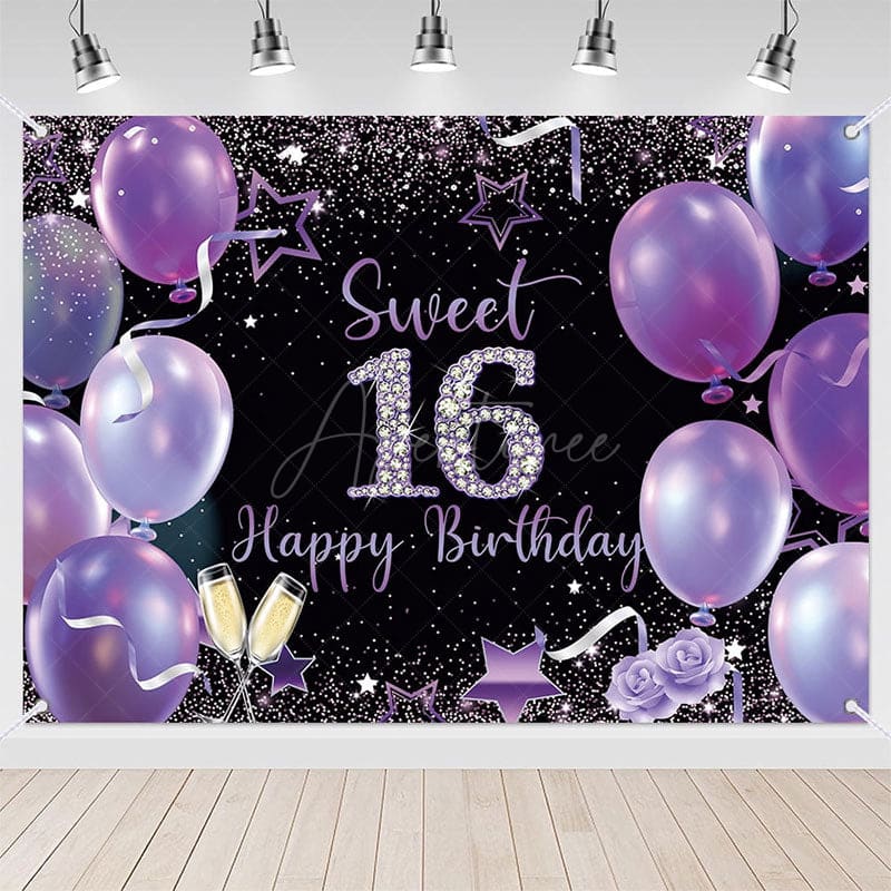 Aperturee - (7 Day Delivery) Aperturee Black Purple Balloons Sweet 16 Birthday Backdrop