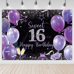 Aperturee - (7 Day Delivery) Aperturee Black Purple Balloons Sweet 16 Birthday Backdrop