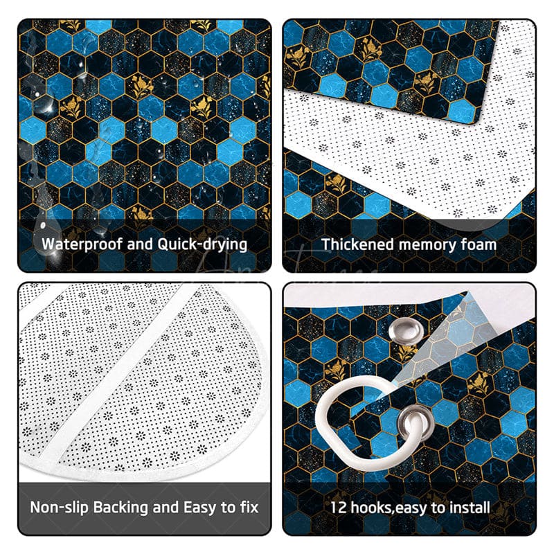Aperturee - (7 Day Delivery) Aperturee Elegant Blue Gold Hexagon Shower Curtain Kit